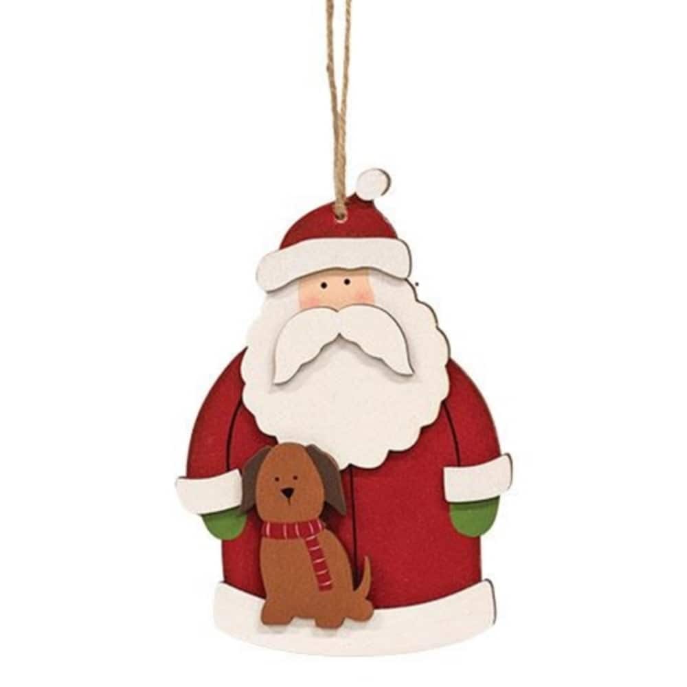 Wooden Santa with Dog Ornament Christmas Tree Decoration Rustic Holiday Hanging Decor - 6" x 4"