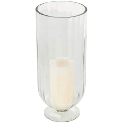 Glass Ribbed Fluted Candle Holder with Elevated Base - Clear - Roche River Decor - 6"W x 6"L x 14"H