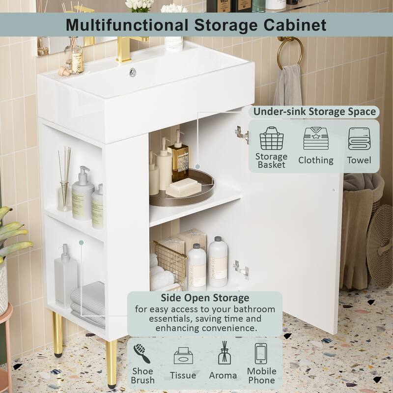 Small Bathroom Vanity with Sink, Bathroom Cabinet with Soft Closing Door, Bathroom Storage Cabinet with Open Storage Shelf