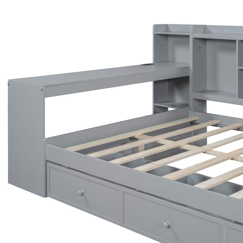 Full Size Wooden Daybed with 3 Storage Drawers, Integrated Desk & USB Ports, Gray