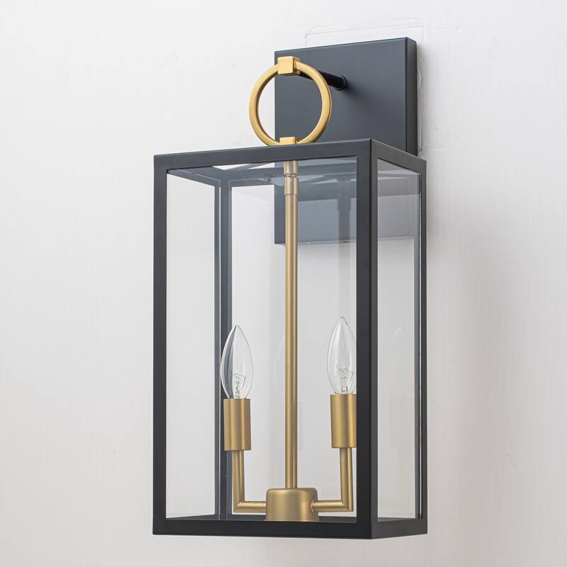 2-Light Modern Transitional Black & Gold Glass Lantern Wall Sconce for Entryway & Hallway - 2 Light