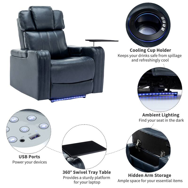 Power Recliner Individual Seat Home Theater Recliner with Cooling Cup Holder, Bluetooth Speaker, LED Lights, USB Ports