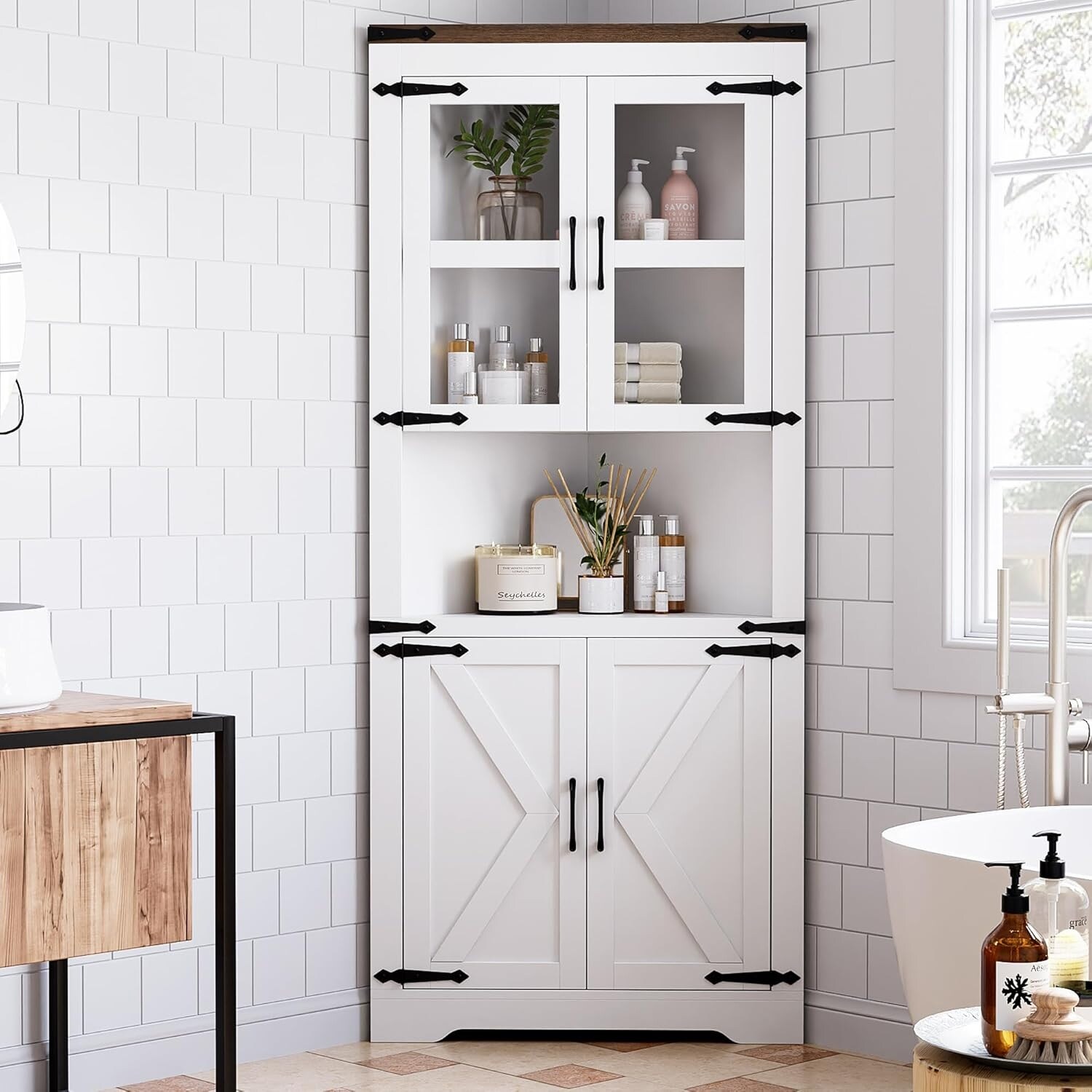 Tall Farmhouse Corner Cabinet with Glass Door & Adjustable Shelves