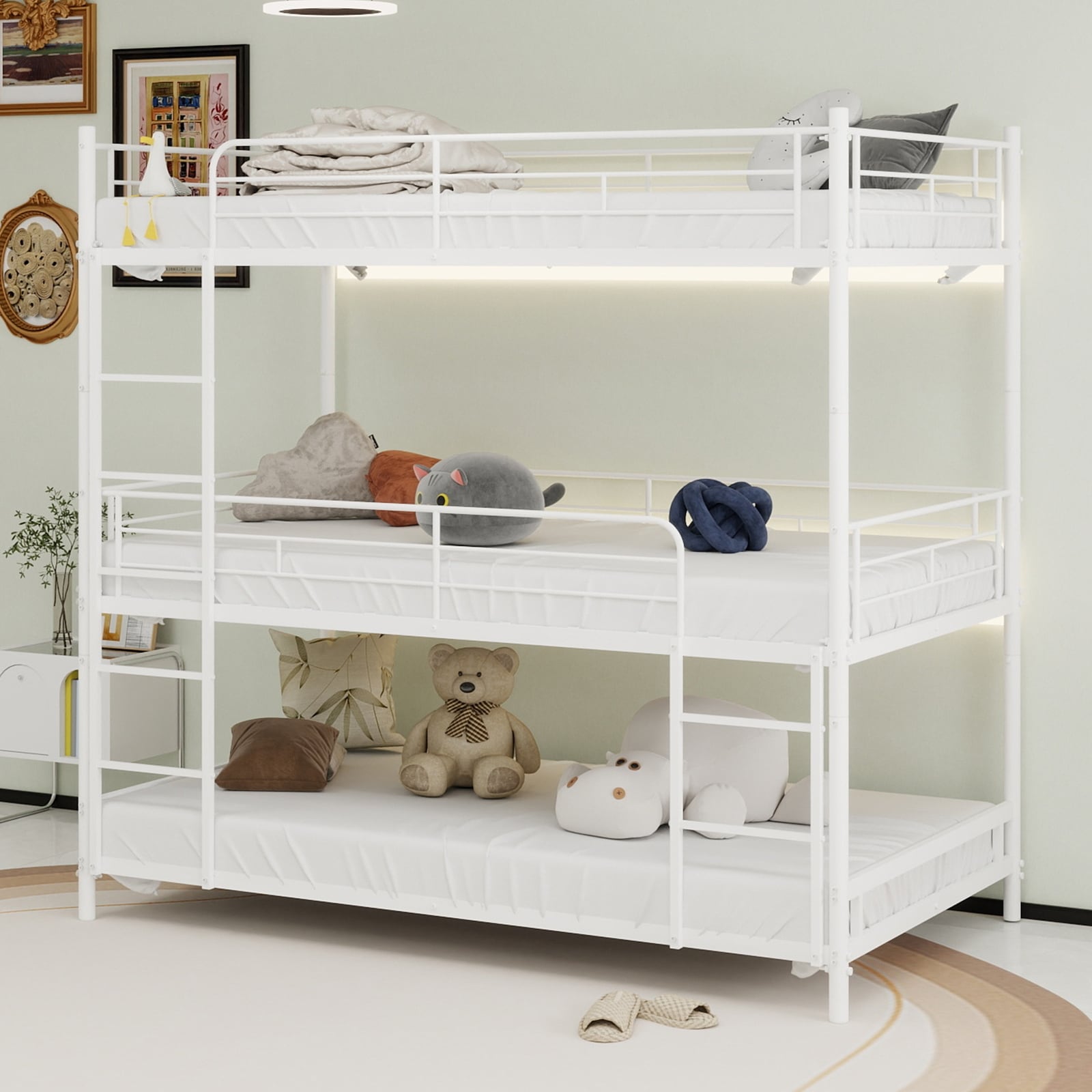 Heavy-duty triple frame bed with built-in ladder and full-length railing