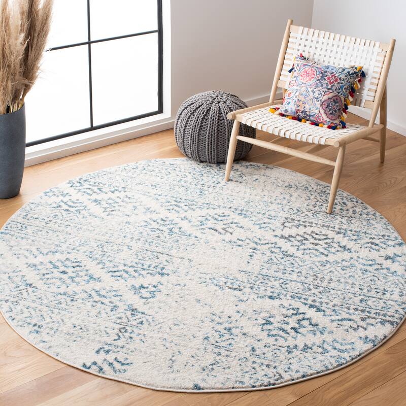 SAFAVIEH Tulum Bora Moroccan Boho Chic Area Rug - 6'7" Round - Ivory/Turquoise