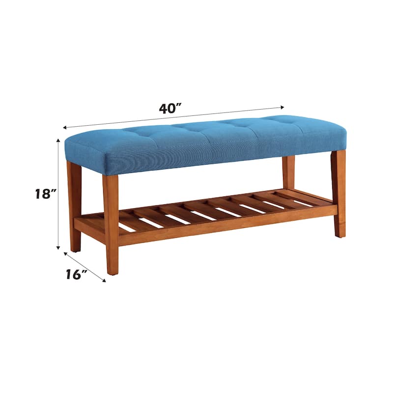 Fabric Upholstered Storage Bench with Slatted Shelf and Tapered Legs