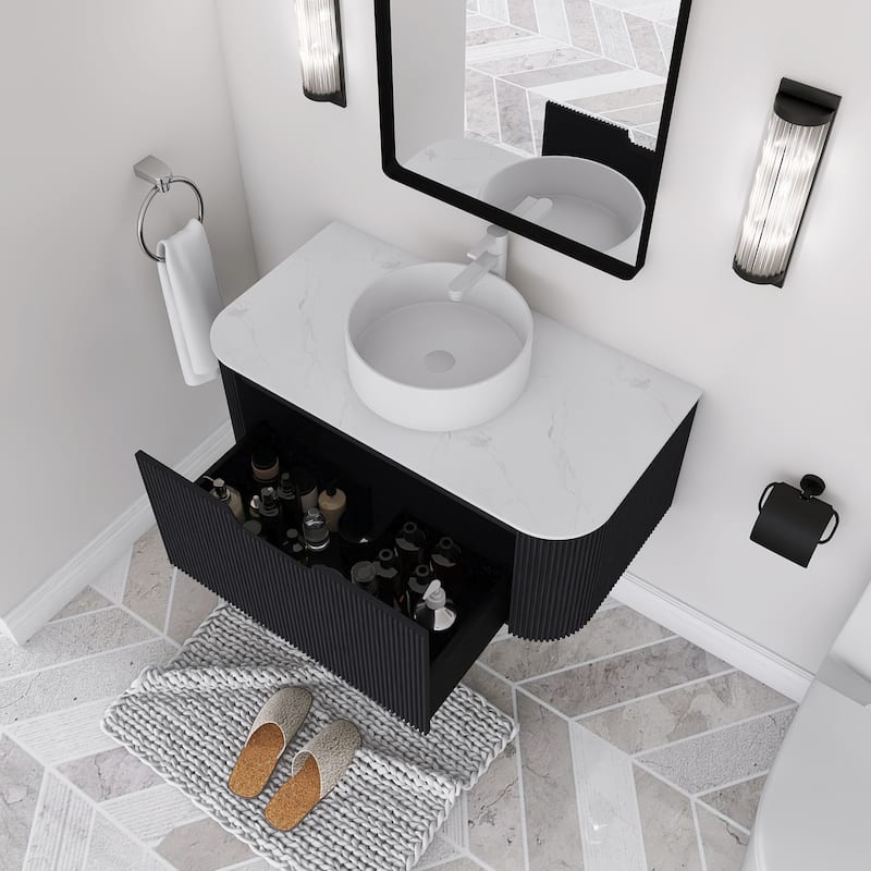 Wall-Mounted Bathroom Vanity with White Round Ceramic Sink
