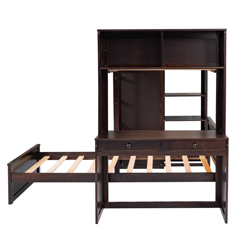 Loft Bed with a twin size Stand-alone bed, Shelves,Desk,and Wardrobe