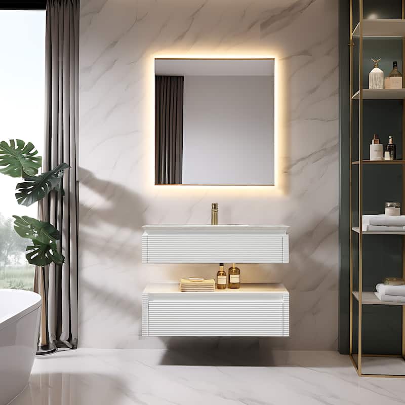 Modland 36/48 Inch LED Floating Vanity with Marble Top & Soft-Close Drawer - Green/White, Wall Drain Ready