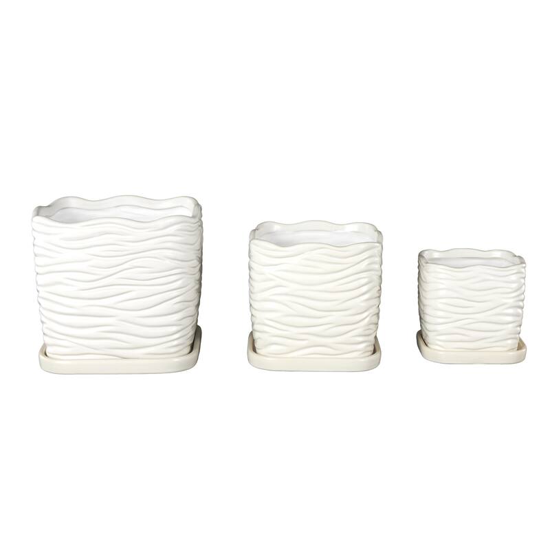 Ceramic Wavy Ribbed Indoor Outdoor Planter with Attached Saucer - Set of 3 Black or White - Roche River Decor