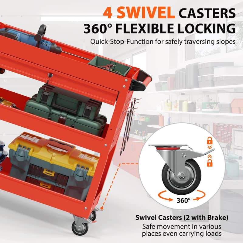 3-Tier Rolling Tool Cart on Wheels for Mechanics with Utility Drawer