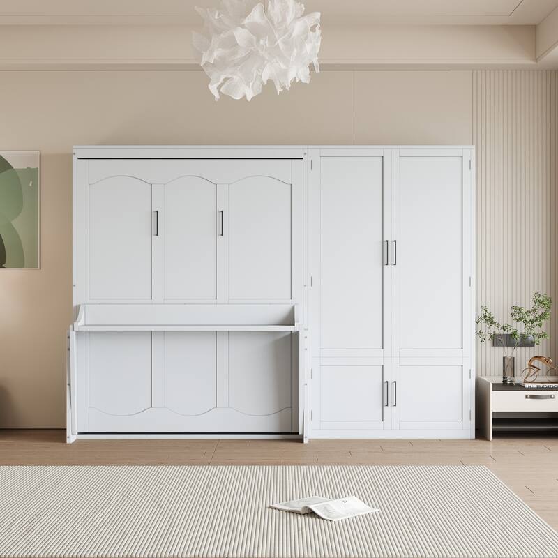 Queen Size Murphy Bed Wall Bed with Closet and Wardrobe Storage, Wooden Folding Murphy Cabinet Bed with Hydraulic Lift System - White - Queen