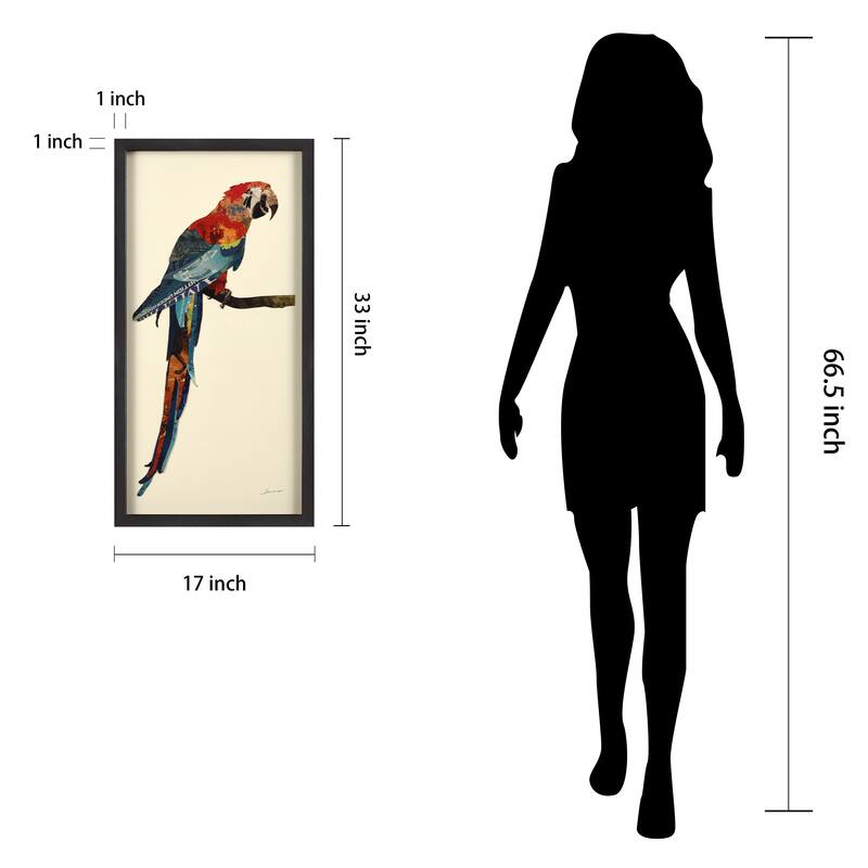 "Tropical Parrot" Alex Zeng's dimensional collage, under glass & a black shadow box frame