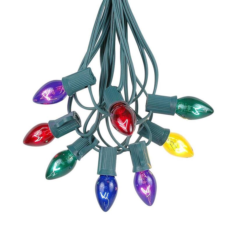 25 Foot C7 Christmas Light Set, Hanging Patio String Lights, Green Wire - Multi