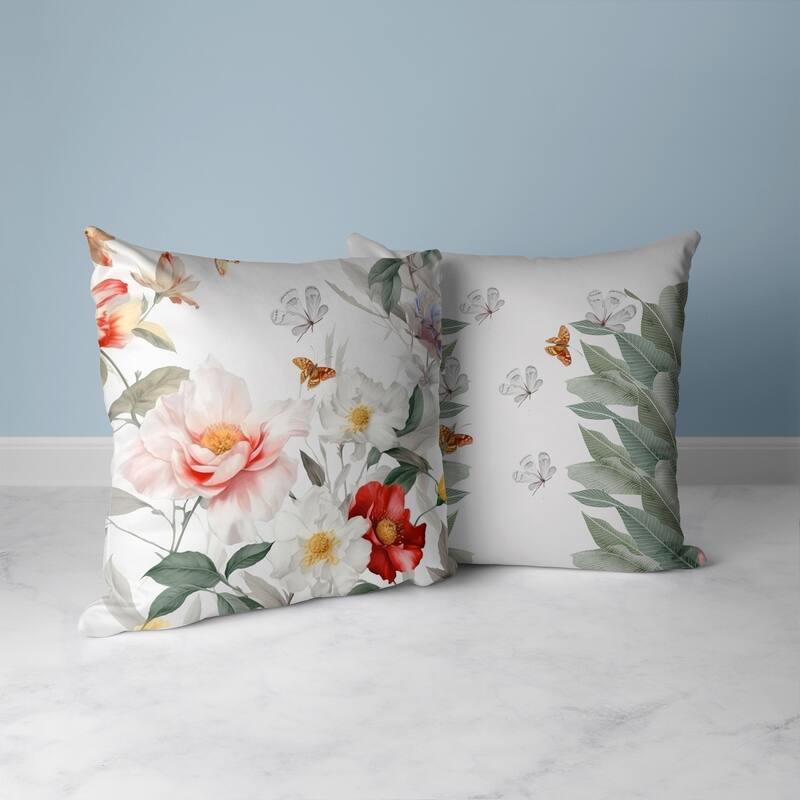 Leafy Lepidoptera Medley Faux Suede Reversible Throw Pillow White and Red