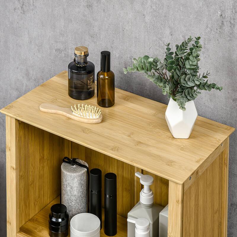 Homcom Bamboo Floor Cabinet Bathroom Floor Cabinet Living Room Organizer Tower With Multiple Shelves And Doors