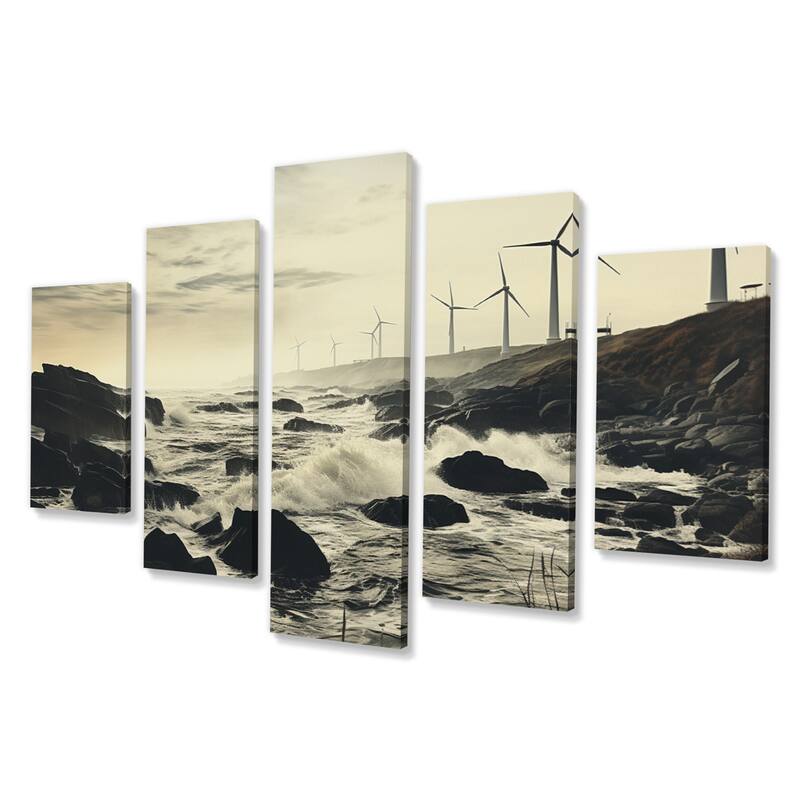 Designart "Wind Turbines Monochrome Coastal Harvest" Landscapes Multipanel Canvas Print set