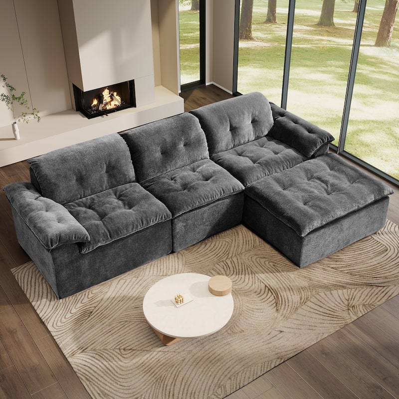 Rossetta L-Shaped Modular Chenille Cushioned Extreme Comfort Sofa with Detachable Backrest and Armrests, 1 Removable Ottoman