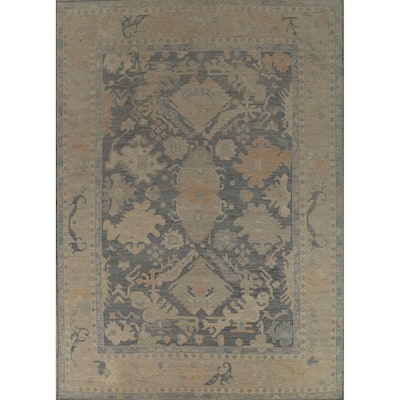 Vegetable Dye Oushak Turkish Rug Hand-Knotted Grey Wool Carpet - 9'2" x 11'10"