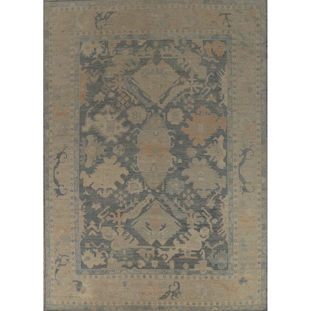 Vegetable Dye Oushak Turkish Rug Hand-Knotted Grey Wool Carpet - 9'2" x 11'10"
