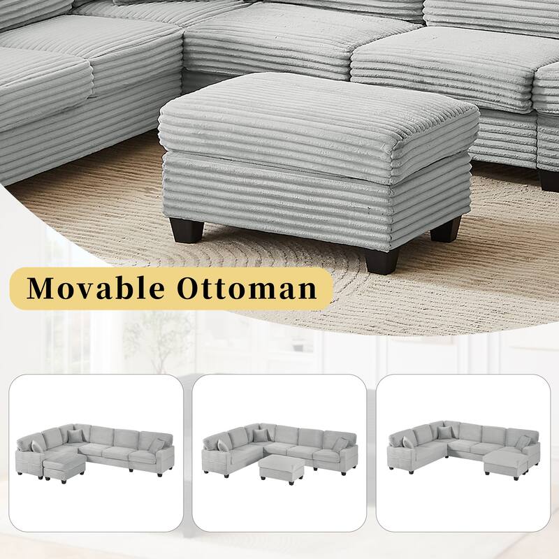 U Shaped Sectional Sofa with 1 Movable Ottoman, Corduroy Upholstered 6 Seater Sofa, Corner Sofa with Storage Pockets
