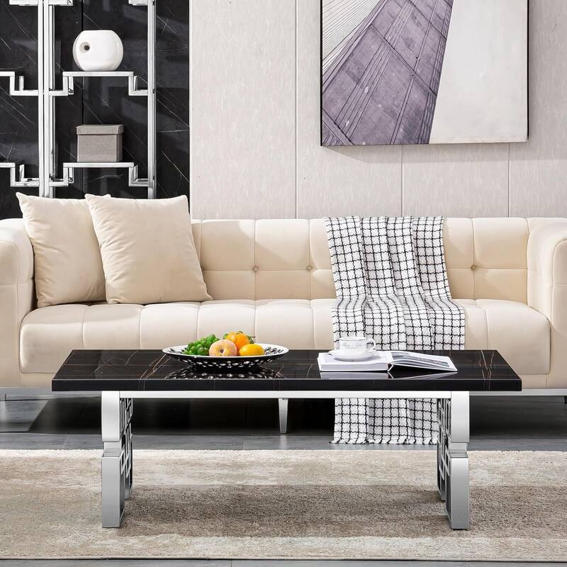 Faux Marble Coffee Table with Metal Legs for Living Room Office