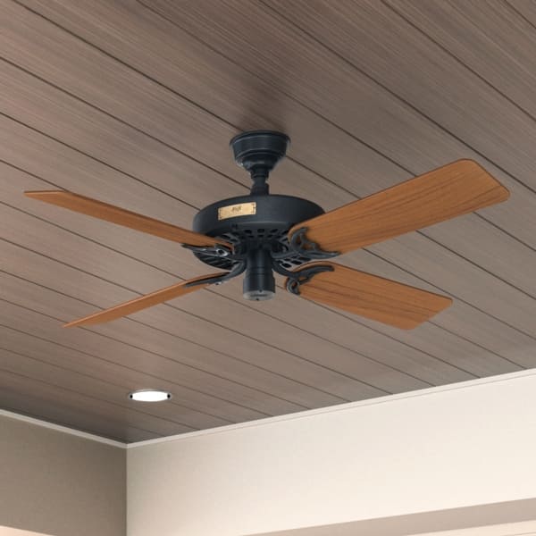 slide 2 of 24, Hunter 52" Original Outdoor Ceiling Fan with Pull Chain, Damp Rated Matte Black - Teak blades