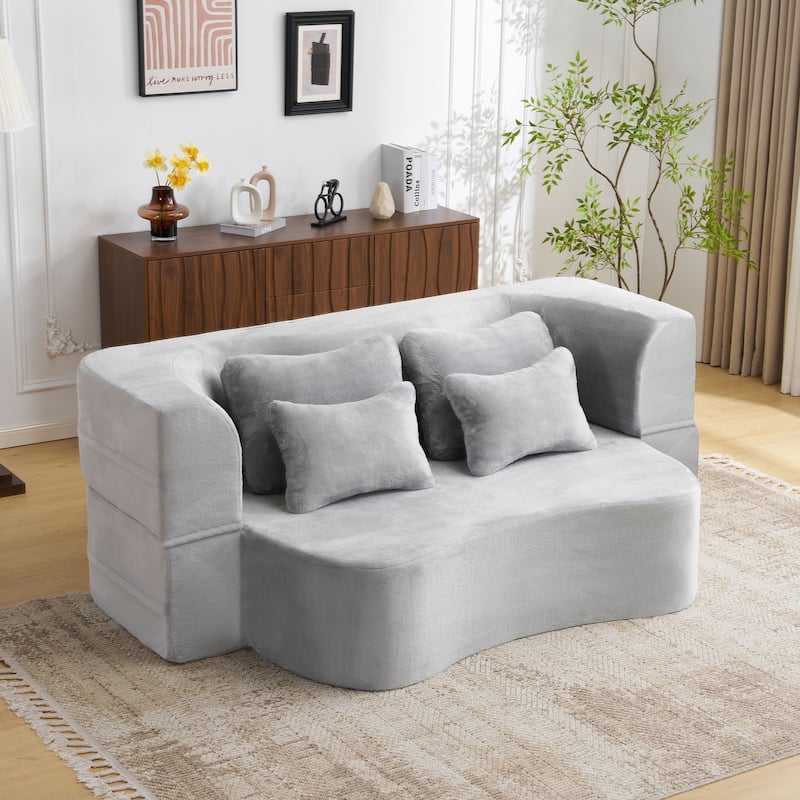 Queen Size Modern Sofa With 4 Pillows,Plush Fabric Futon Sofa Couch,High-Density Foam Folding Mattress,No Assembly Required