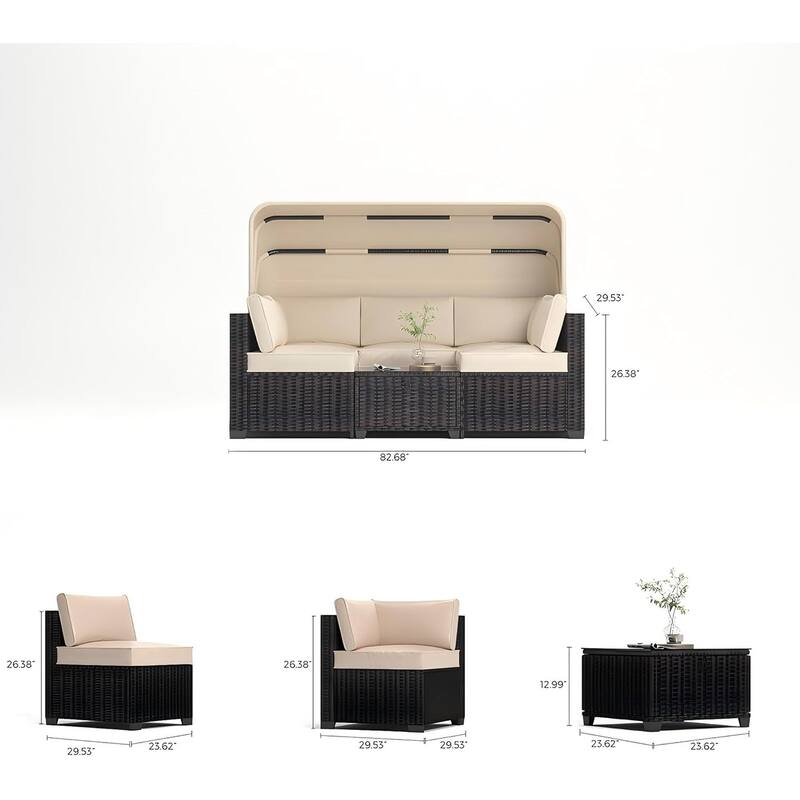 6-Piece PE Rattan Patio Sectional Set, Weather-Resistant Furniture, Retractable Canopy, Adjustable Backrest, Outdoor