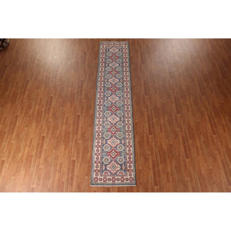 Blue Geometric Kazak Runner Rug Handmade Oriental Wool Carpet - 2'8" x 12'7"
