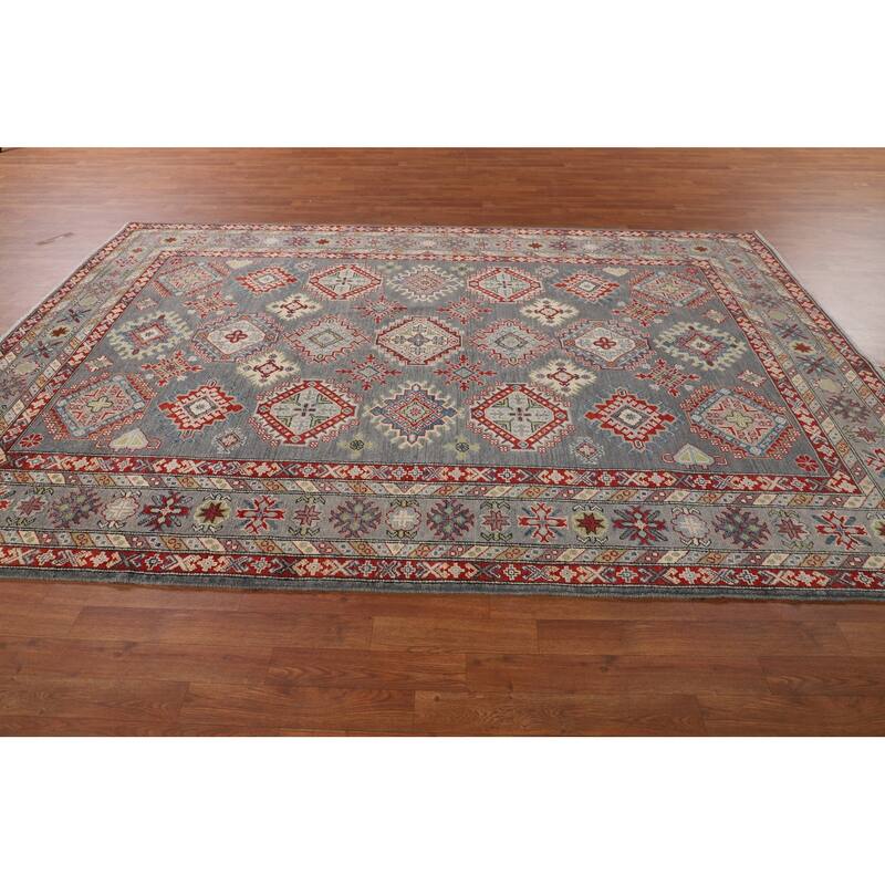 Oriental Geometric Kazak Area Rug Hand-Knotted Wool Carpet - 6'10" x 9'11"