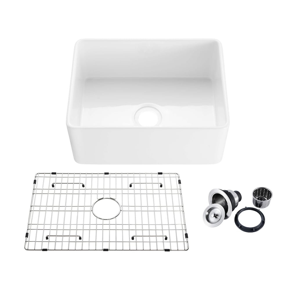 24" White Fireclay Farmhouse Undermount Kitchen Sink with Bottom Grid and Strainer