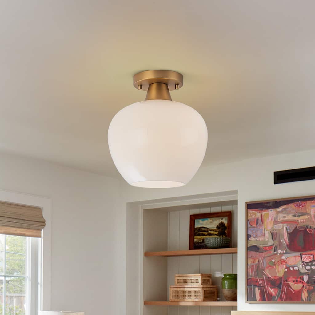1-Light Gold Dome Flush Mount Ceiling Light with Opal Glass