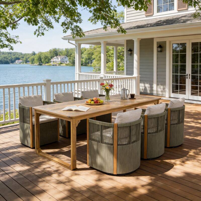 Christopher Knight Home - Ronan Outdoor Acacia Wood Dining Set with Swivel Rope Armchairs & Curved Leg Dining Table, Teak Finish