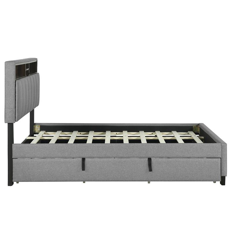 Full Size Linen Upholstered Platform Bed with Trundle and USB Ports