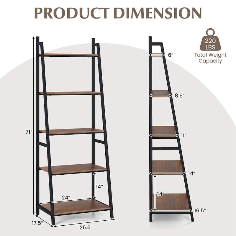 Costway Industrial Ladder Shelf Rustic 5 Tier Leaning Bookshelf Wood - See Details