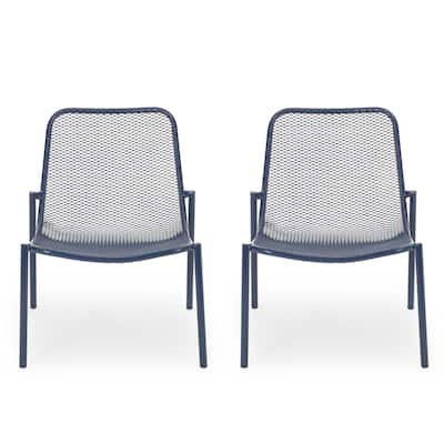 Kery 2pc Outdoor Side Chair Set, Navy Blue Mesh Metal Stackable Frame