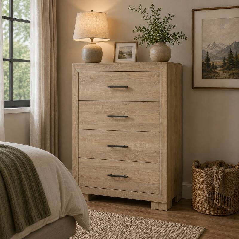 Poxy Tall Dresser Chest with 4 Drawers, Nickel Metal, Oak Brown Wood