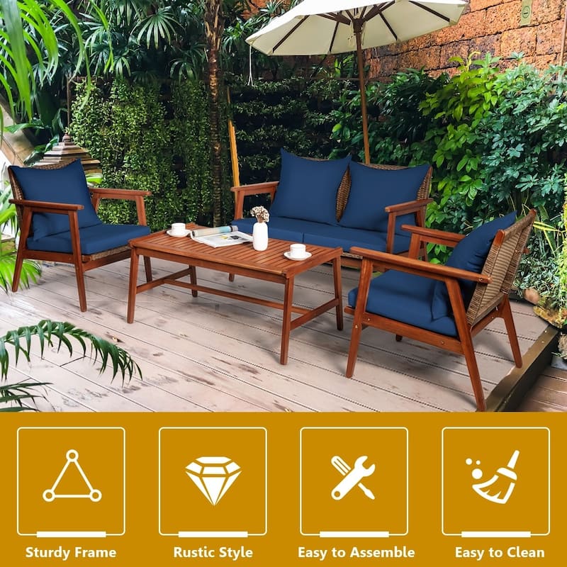4 Piece Acacia Wood Patio Rattan Furniture Set with Cushions - 45" x 27.5"x 29.5" (L x W x H)