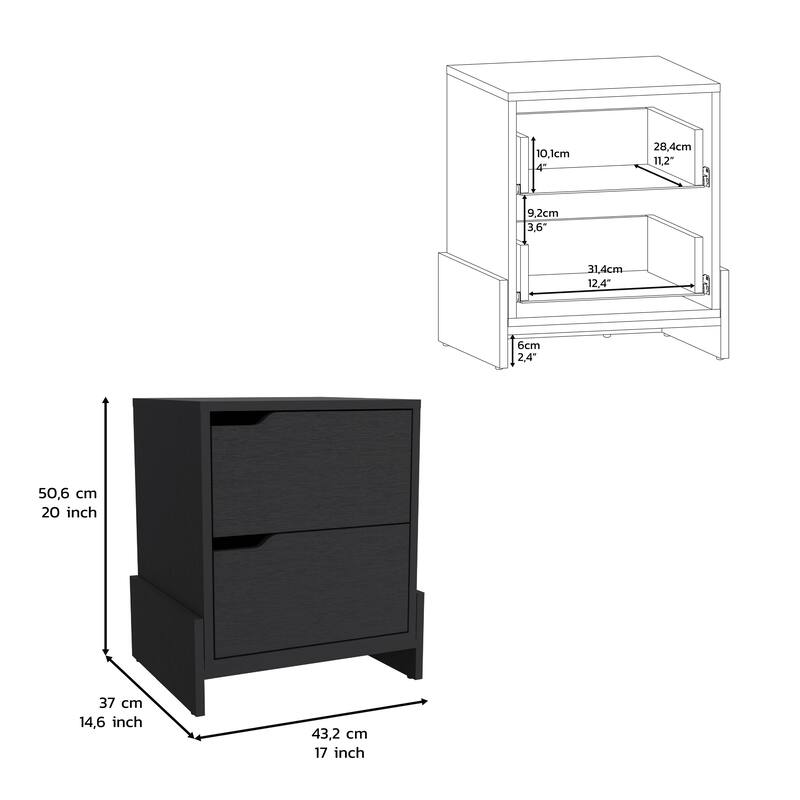2-Drawer Nightstand with Sturdy Base, Black End Table for Bedroom
