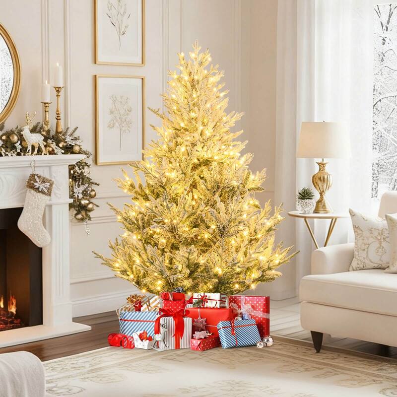 Costway 6/7/8 FT Artificial Christmas Tree with 762/1074/1470 Flocked - See Details - White & Green