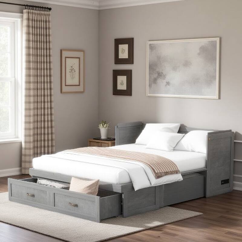 Queen Size Solid Wood Murphy Bed with USB Charging Ports, Large Storage Drawers, Metal Handles, Space-Saving Design