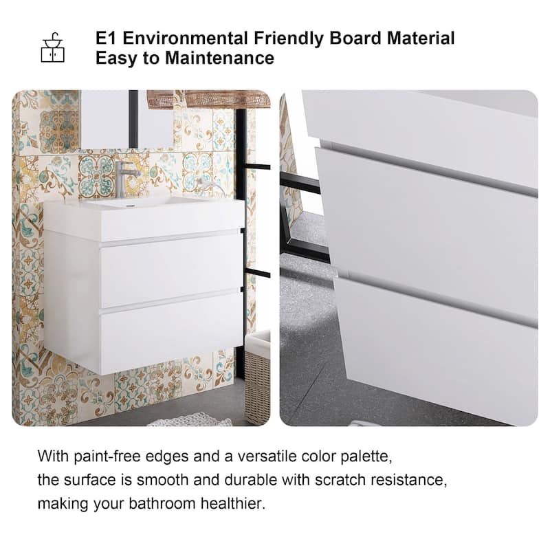 Wood Wall-Mounted Bathroom Vanity Set with White Integrated Resin Sink