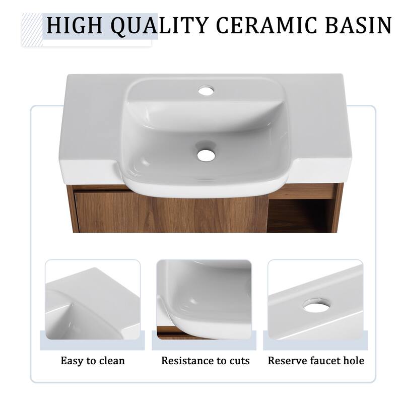28'' Wall-Mounted Bathroom Vanity with White Ceramic Sink & Soft-Close Door, KD-Packing