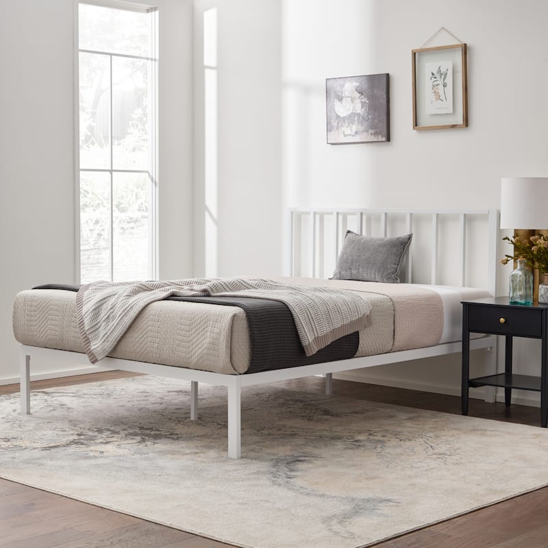 Modern White King Metal Platform Bed with Vertical Bar Headboard - White