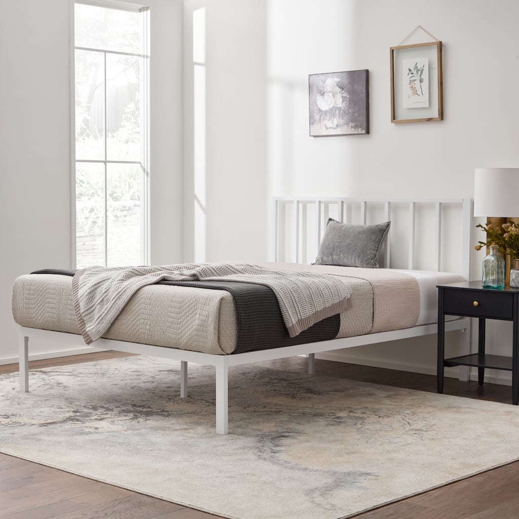 Modern White King Metal Platform Bed with Vertical Bar Headboard