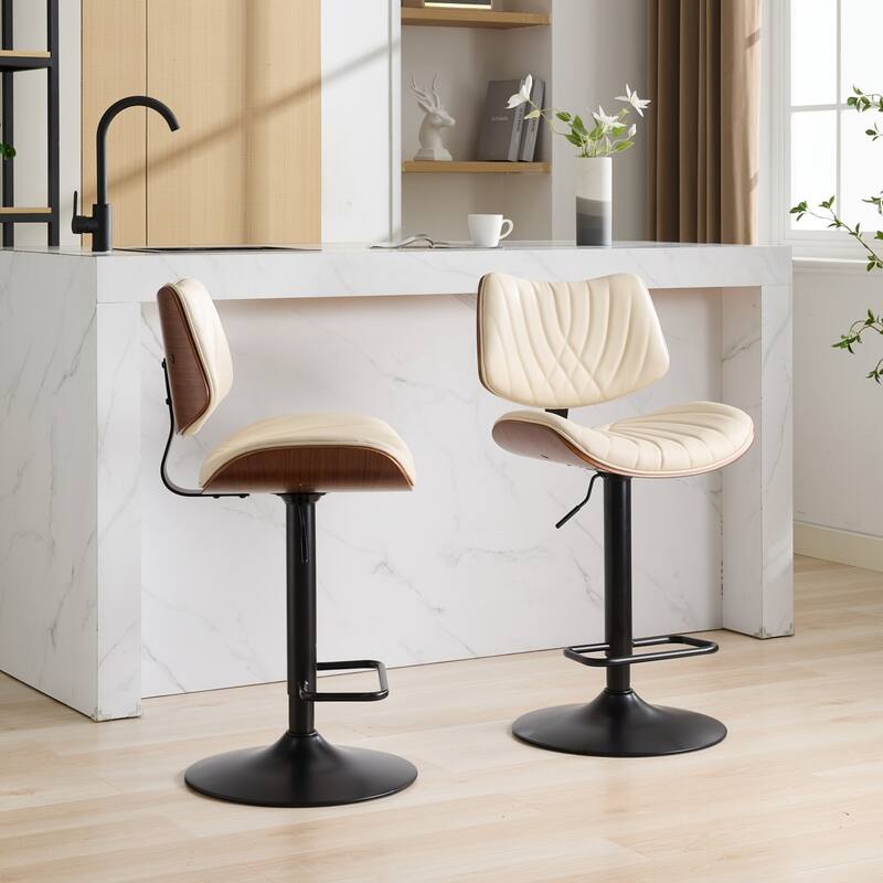 Swivel Bar Stools, PU Leather Upholstered Bar Chair with Back, Adjustable Bentwood Dining Room Chair with Footrest
