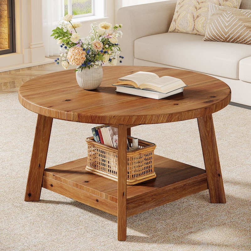 2-tier Solid Wood Round Coffee Table for Living Room - 31.5" D x 31.5" W x 17.7" H
