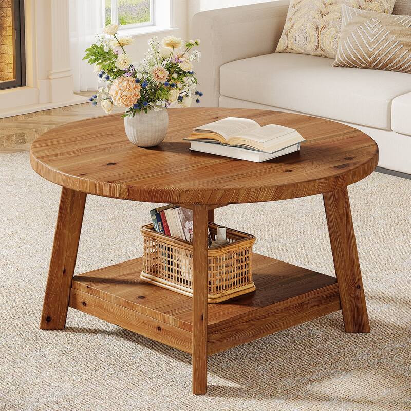 31.5 Inch Solid Wood Round Coffee Table with Storage - Brown