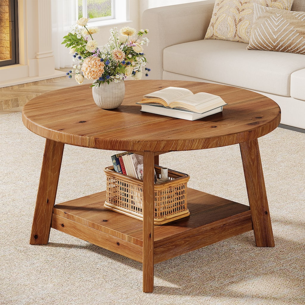 31.5 Inch Solid Wood Round Coffee Table with Storage